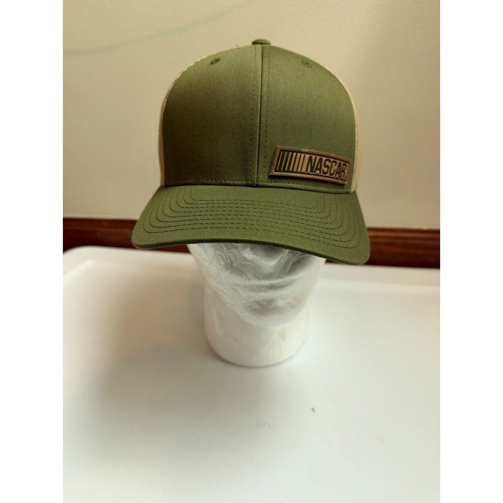 NASCAR Trucker Hat Olive Green Tan Mesh Snapback Range Leather Company Men